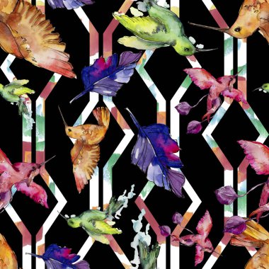 Gökyüzü kuş renkli colibri bir yaban hayatı suluboya stili tarafından içinde. Sorunsuz arka plan deseni. Kumaş duvar kağıdı yazdırma doku. Uçan kanatlı bir kuş. Aquarelle kuş için arka plan, doku, desen.