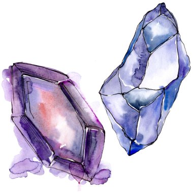 Renkli elmas taş takı mineral. İzole illüstrasyon öğesi. Geometrik kuvars çokgen kristal taş mozaik şekil Ametist mücevher.