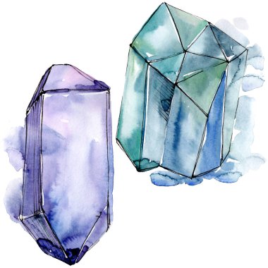 Renkli elmas taş takı mineral. İzole illüstrasyon öğesi. Geometrik kuvars çokgen kristal taş mozaik şekil Ametist mücevher.