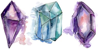 Renkli elmas taş takı mineral. İzole illüstrasyon öğesi. Geometrik kuvars çokgen kristal taş mozaik şekil Ametist mücevher.