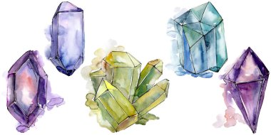 Renkli elmas taş takı mineral. İzole illüstrasyon öğesi. Geometrik kuvars çokgen kristal taş mozaik şekil Ametist mücevher.