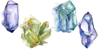 Renkli elmas taş takı mineral. İzole illüstrasyon öğesi. Geometrik kuvars çokgen kristal taş mozaik şekil Ametist mücevher.