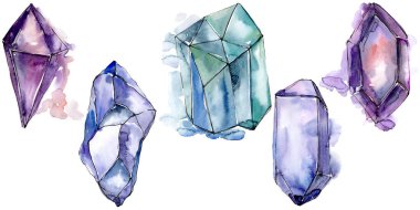 Renkli elmas taş takı mineral. İzole illüstrasyon öğesi. Geometrik kuvars çokgen kristal taş mozaik şekil Ametist mücevher.
