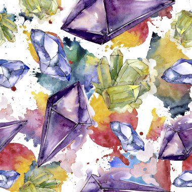 Renkli elmas taş takı mineral. Sorunsuz arka plan deseni. Kumaş duvar kağıdı yazdırma doku. Geometrik kuvars çokgen kristal taş mozaik şekil Ametist mücevher.