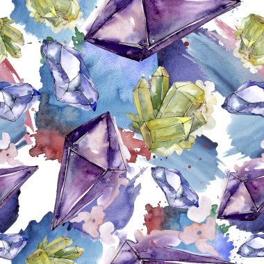 Renkli elmas taş takı mineral. Sorunsuz arka plan deseni. Kumaş duvar kağıdı yazdırma doku. Geometrik kuvars çokgen kristal taş mozaik şekil Ametist mücevher.