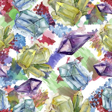 Renkli elmas taş takı mineral. Sorunsuz arka plan deseni. Kumaş duvar kağıdı yazdırma doku. Geometrik kuvars çokgen kristal taş mozaik şekil Ametist mücevher.