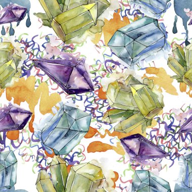 Renkli elmas taş takı mineral. Sorunsuz arka plan deseni. Kumaş duvar kağıdı yazdırma doku. Geometrik kuvars çokgen kristal taş mozaik şekil Ametist mücevher.