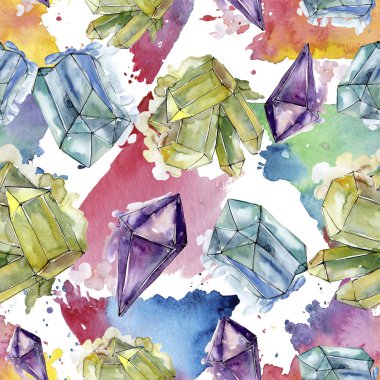 Renkli elmas taş takı mineral. Sorunsuz arka plan deseni. Kumaş duvar kağıdı yazdırma doku. Geometrik kuvars çokgen kristal taş mozaik şekil Ametist mücevher.