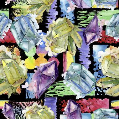 Renkli elmas taş takı mineral. Sorunsuz arka plan deseni. Kumaş duvar kağıdı yazdırma doku. Geometrik kuvars çokgen kristal taş mozaik şekil Ametist mücevher.