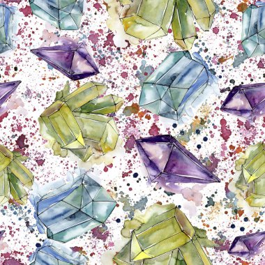 Renkli elmas taş takı mineral. Sorunsuz arka plan deseni. Kumaş duvar kağıdı yazdırma doku. Geometrik kuvars çokgen kristal taş mozaik şekil Ametist mücevher.