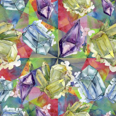 Renkli elmas taş takı mineral. Sorunsuz arka plan deseni. Kumaş duvar kağıdı yazdırma doku. Geometrik kuvars çokgen kristal taş mozaik şekil Ametist mücevher.