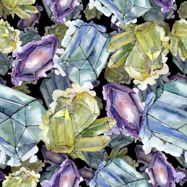 Renkli elmas taş takı mineral. Sorunsuz arka plan deseni. Kumaş duvar kağıdı yazdırma doku. Geometrik kuvars çokgen kristal taş mozaik şekil Ametist mücevher.