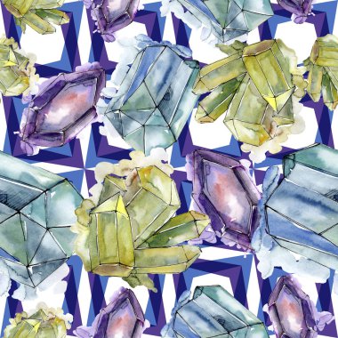 Renkli elmas taş takı mineral. Sorunsuz arka plan deseni. Kumaş duvar kağıdı yazdırma doku. Geometrik kuvars çokgen kristal taş mozaik şekil Ametist mücevher.