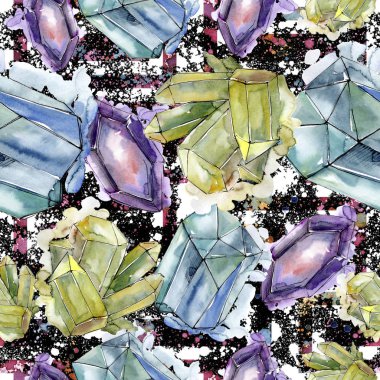 Renkli elmas taş takı mineral. Sorunsuz arka plan deseni. Kumaş duvar kağıdı yazdırma doku. Geometrik kuvars çokgen kristal taş mozaik şekil Ametist mücevher.