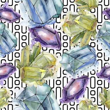 Renkli elmas taş takı mineral. Sorunsuz arka plan deseni. Kumaş duvar kağıdı yazdırma doku. Geometrik kuvars çokgen kristal taş mozaik şekil Ametist mücevher.