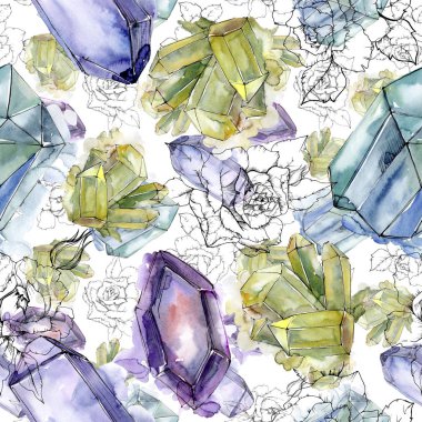 Renkli elmas taş takı mineral. Sorunsuz arka plan deseni. Kumaş duvar kağıdı yazdırma doku. Geometrik kuvars çokgen kristal taş mozaik şekil Ametist mücevher.