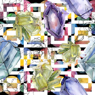 Renkli elmas taş takı mineral. Sorunsuz arka plan deseni. Kumaş duvar kağıdı yazdırma doku. Geometrik kuvars çokgen kristal taş mozaik şekil Ametist mücevher.