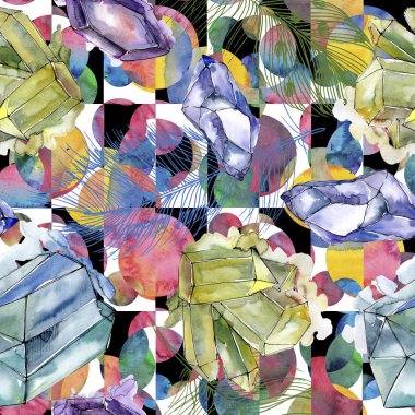 Renkli elmas taş takı mineral. Sorunsuz arka plan deseni. Kumaş duvar kağıdı yazdırma doku. Geometrik kuvars çokgen kristal taş mozaik şekil Ametist mücevher.