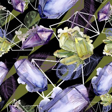 Renkli elmas taş takı mineral. Sorunsuz arka plan deseni. Kumaş duvar kağıdı yazdırma doku. Geometrik kuvars çokgen kristal taş mozaik şekil Ametist mücevher.