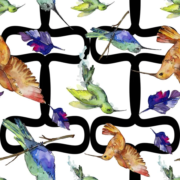 Sky Fågel Färgglada Colibri Ett Djurliv Akvarell Stil Sömlös Bakgrundsmönster — Stockfoto