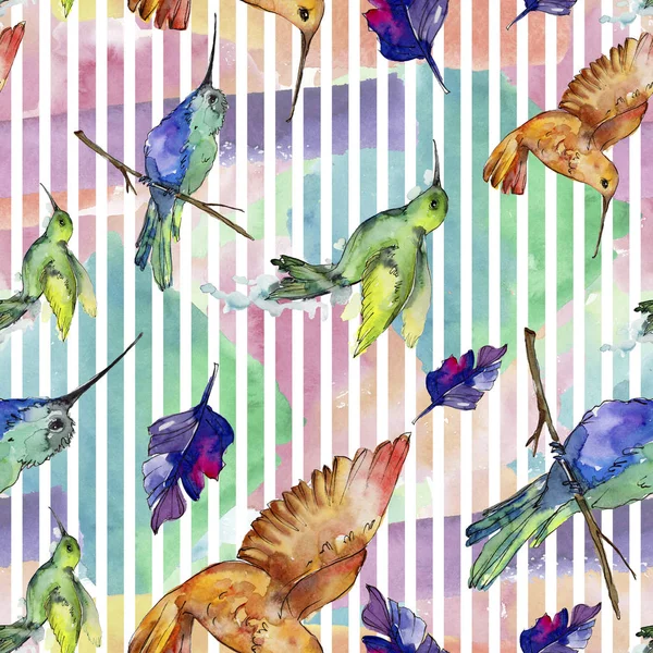 Sky bird colorful colibri in a wildlife by watercolor style. Seamless background pattern. Fabric wallpaper print texture. Bird with a flying wings. Aquarelle bird for background, texture, pattern.