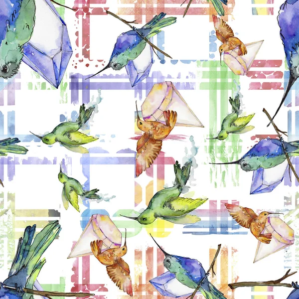 Sky bird colorful colibri in a wildlife by watercolor style. Seamless background pattern. Fabric wallpaper print texture. Bird with a flying wings. Aquarelle bird for background, texture, pattern.