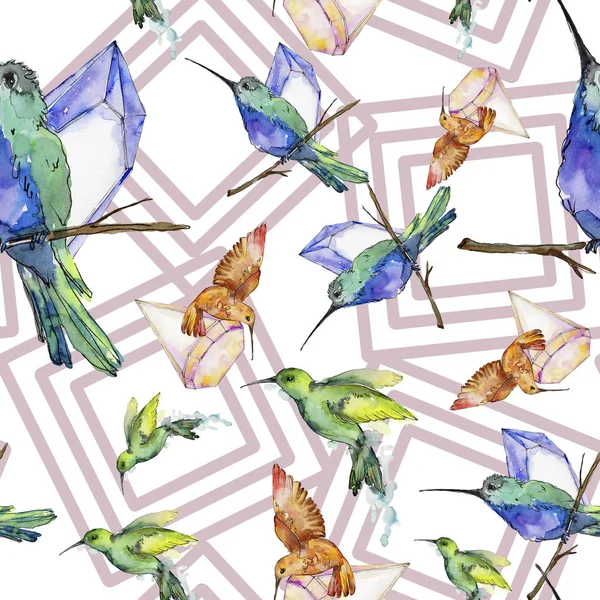 Небесная Птица Разноцветная Колибри Стиле Акварели Бесшовный Рисунок Фона Ткань — стоковое фото