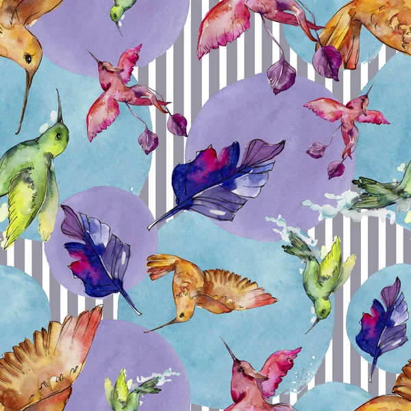 Sky bird colorful colibri in a wildlife by watercolor style. Seamless background pattern. Fabric wallpaper print texture. Bird with a flying wings. Aquarelle bird for background, texture, pattern.