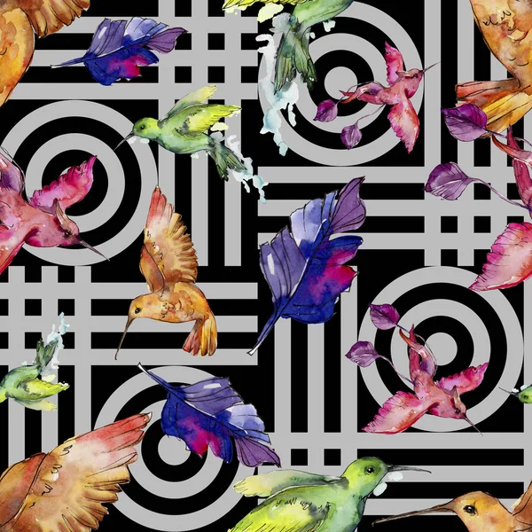 다채로운 Colibri 수채화 스타일으로 동물에서 원활한 패턴입니다 패브릭 텍스처입니다 날개를 — 스톡 사진