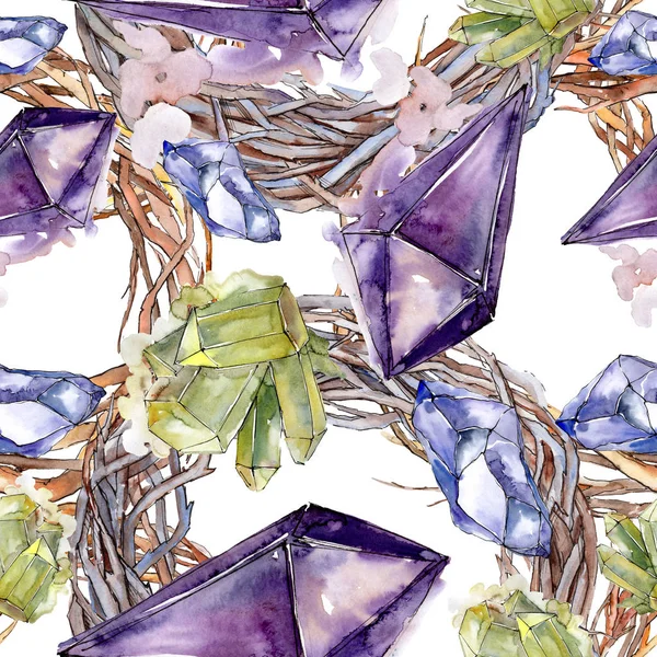 Colorful diamond rock jewelry mineral. Seamless background pattern. Fabric wallpaper print texture. Geometric quartz polygon crystal stone mosaic shape amethyst gem.