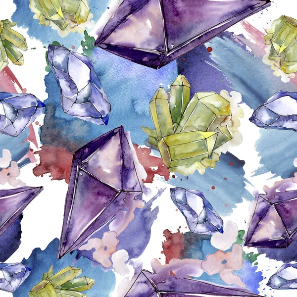 Renkli elmas taş takı mineral. Sorunsuz arka plan deseni. Kumaş duvar kağıdı yazdırma doku. Geometrik kuvars çokgen kristal taş mozaik şekil Ametist mücevher.