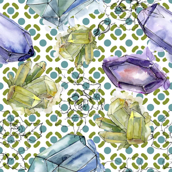 Colorful diamond rock jewelry mineral. Seamless background pattern. Fabric wallpaper print texture. Geometric quartz polygon crystal stone mosaic shape amethyst gem.