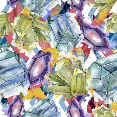 Renkli elmas taş takı mineral. Sorunsuz arka plan deseni. Kumaş duvar kağıdı yazdırma doku. Geometrik kuvars çokgen kristal taş mozaik şekil Ametist mücevher.