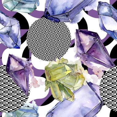 Renkli elmas taş takı mineral. Sorunsuz arka plan deseni. Kumaş duvar kağıdı yazdırma doku. Geometrik kuvars çokgen kristal taş mozaik şekil Ametist mücevher.