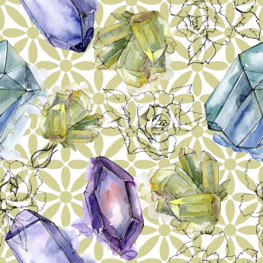 Renkli elmas taş takı mineral. Sorunsuz arka plan deseni. Kumaş duvar kağıdı yazdırma doku. Geometrik kuvars çokgen kristal taş mozaik şekil Ametist mücevher.