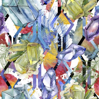 Renkli elmas taş takı mineral. Sorunsuz arka plan deseni. Kumaş duvar kağıdı yazdırma doku. Geometrik kuvars çokgen kristal taş mozaik şekil Ametist mücevher.