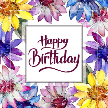 Sulu boya renkli güller çiçek. Botanik çiçek. Çerçeve kenarlığı süsleme Meydanı. Arka plan, doku, sarıcı desen, çerçeve veya kenarlık için Aquarelle kır çiçeği.