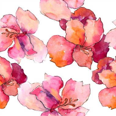 Sulu boya renkli alstroemeria çiçek. Botanik çiçek. Sorunsuz arka plan deseni. Kumaş duvar kağıdı yazdırma doku. Arka plan, doku, sarıcı desen, kenarlık için Aquarelle kır çiçeği.