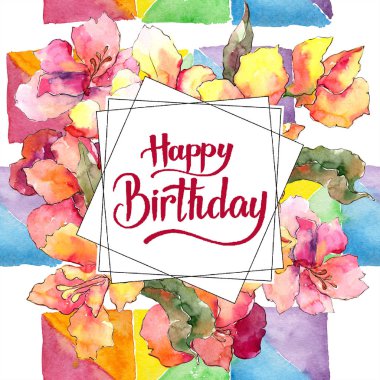 Sulu boya renkli alstroemeria çiçek. Botanik çiçek. Çerçeve kenarlığı süsleme Meydanı. Arka plan, doku, sarıcı desen, çerçeve veya kenarlık için Aquarelle kır çiçeği.