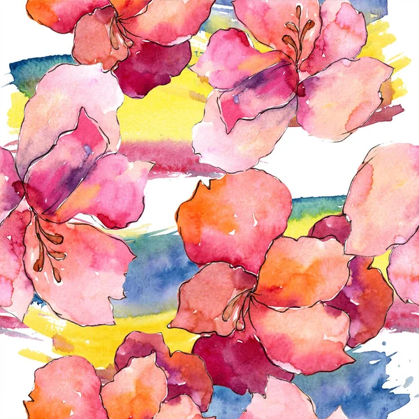 Watercolor Colorful Alstroemeria Flower Floral Botanical Flower Seamless Background Pattern — Stock Photo, Image