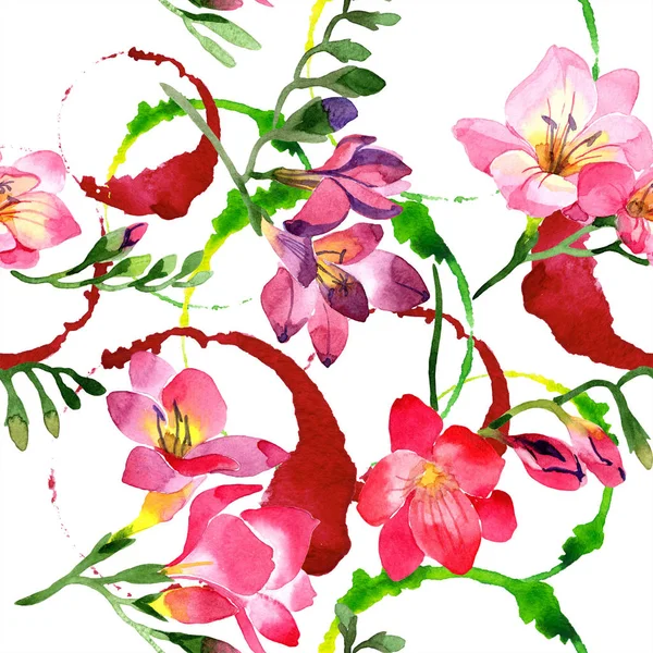 Aquarel Roze Freesia Bloem Floral Botanische Bloem Naadloze Achtergrondpatroon Structuur — Stockfoto