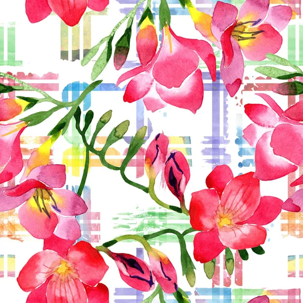 Aquarell Rosa Freesia Blume Blütenbotanische Blume Nahtlose Hintergrundmuster Textur Für — Stockfoto