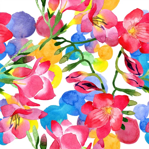 水彩ピンク フリージアの花 花植物の花 シームレスな背景パターン 壁紙印刷手触りの生地 テクスチャ ラッパー パターン フレームや境界線の Aquarelle — ストック写真