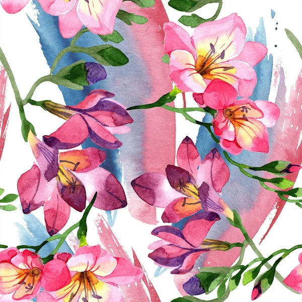 Watercolor Pink Freesia Flower Floral Botanical Flower Seamless Background Pattern — Stock Photo, Image