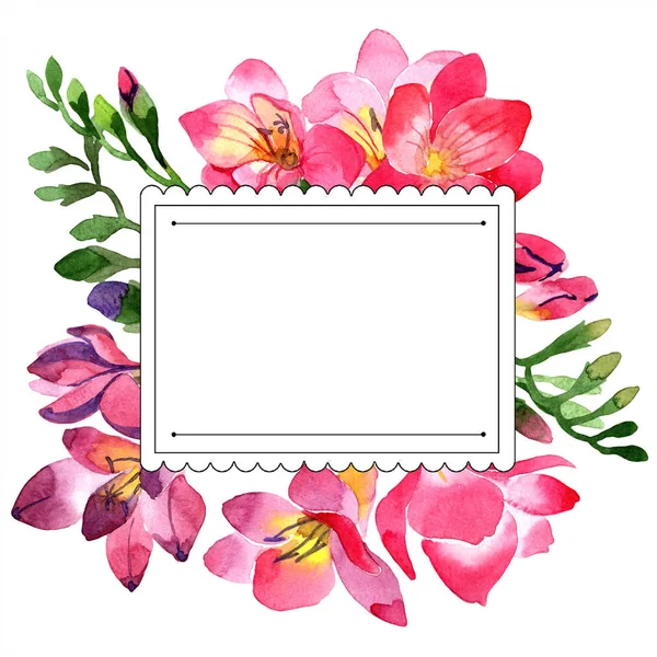 水彩粉红色小苍兰花 花卉植物花 框边框装饰广场 包装图案 框架或边框的水彩画野花 — 图库照片