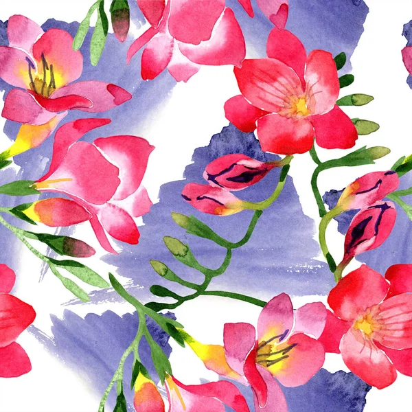 Watercolor Pink Freesia Flower Floral Botanical Flower Seamless Background Pattern — Stock Photo, Image