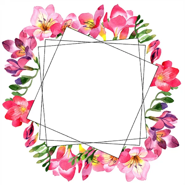 Watercolor Pink Freesia Flower Floral Botanical Flower Frame Border Ornament — Stock Photo, Image