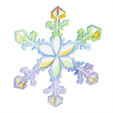 Beyaz bir arka plan üzerinde elle çizilmiş suluboya kar tanesi kümesi. İzole illüstrasyon öğesi. El yazısı Let kar. Bir Noel kartı ya da arka plan olarak kullanılabilir.