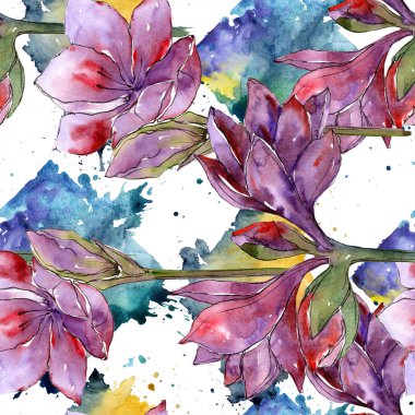 Suluboya mor amaryllis çiçek. Botanik çiçek. Sorunsuz arka plan deseni. Kumaş duvar kağıdı yazdırma doku. Arka plan, doku, sarıcı desen, kenarlık için Aquarelle kır çiçeği.