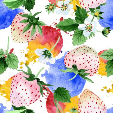 Suluboya tarzında beyaz çilek meyve. Sorunsuz arka plan deseni. Kumaş duvar kağıdı yazdırma doku. Aquarelle meyve arka plan, doku, sarıcı desen veya menü.